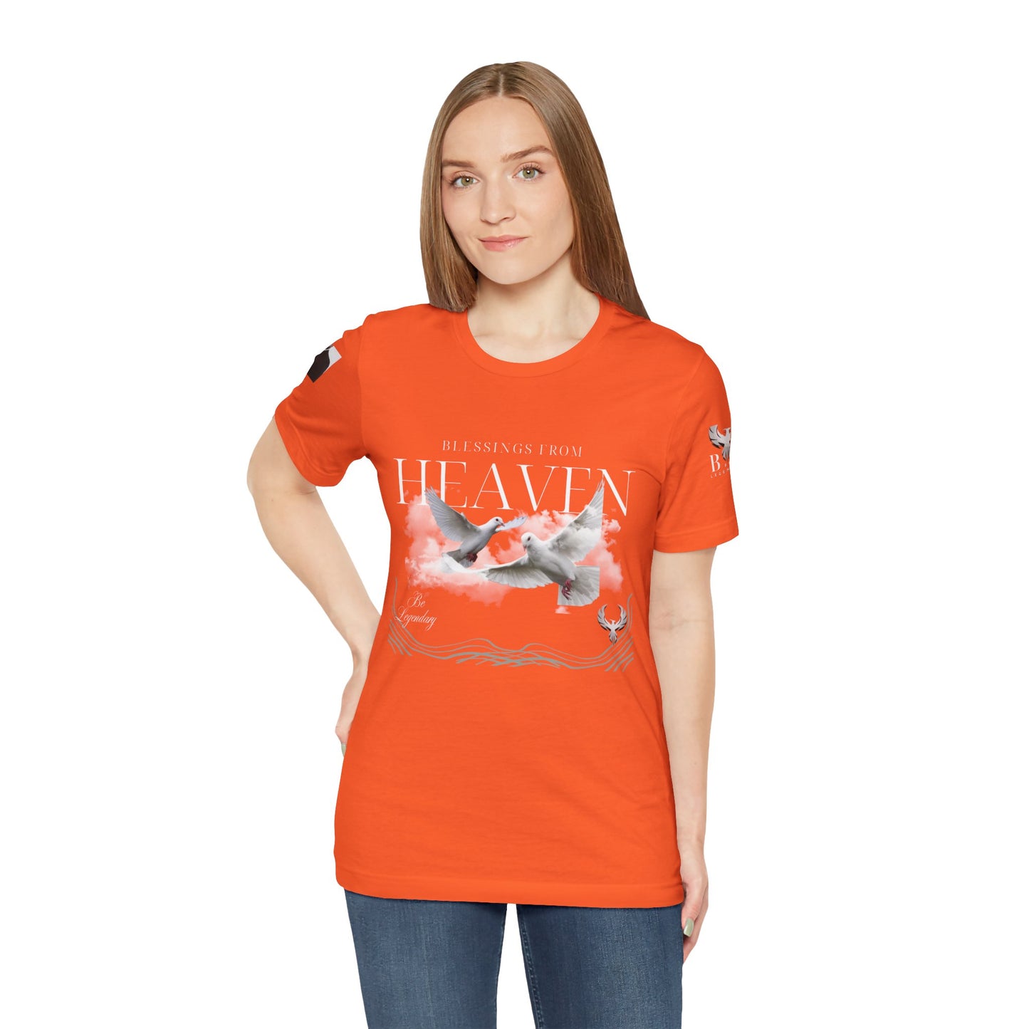 Be Legendary "Pearly Gates" Inspirational Unisex Tee: 'Blessings from Heaven' - Orange Short Sleeve Shirt