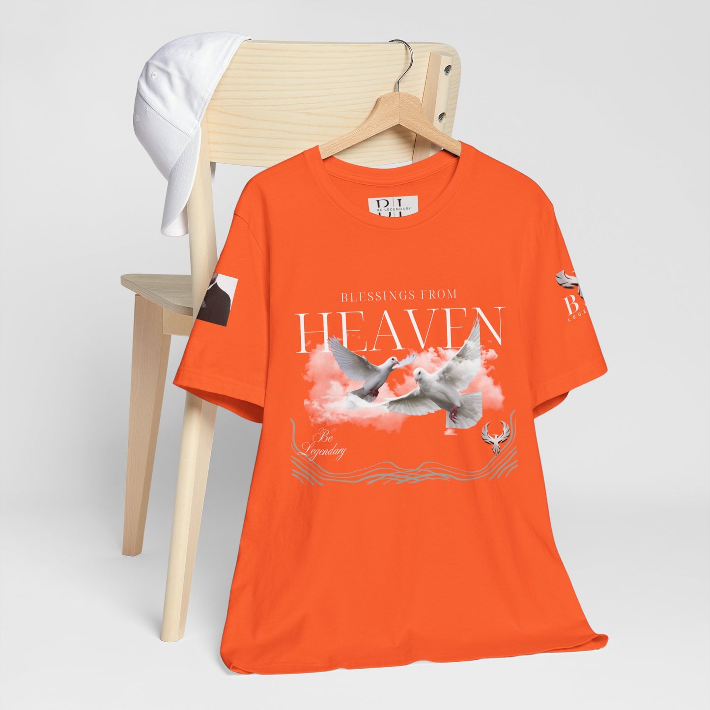 Be Legendary "Pearly Gates" Inspirational Unisex Tee: 'Blessings from Heaven' - Orange Short Sleeve Shirt
