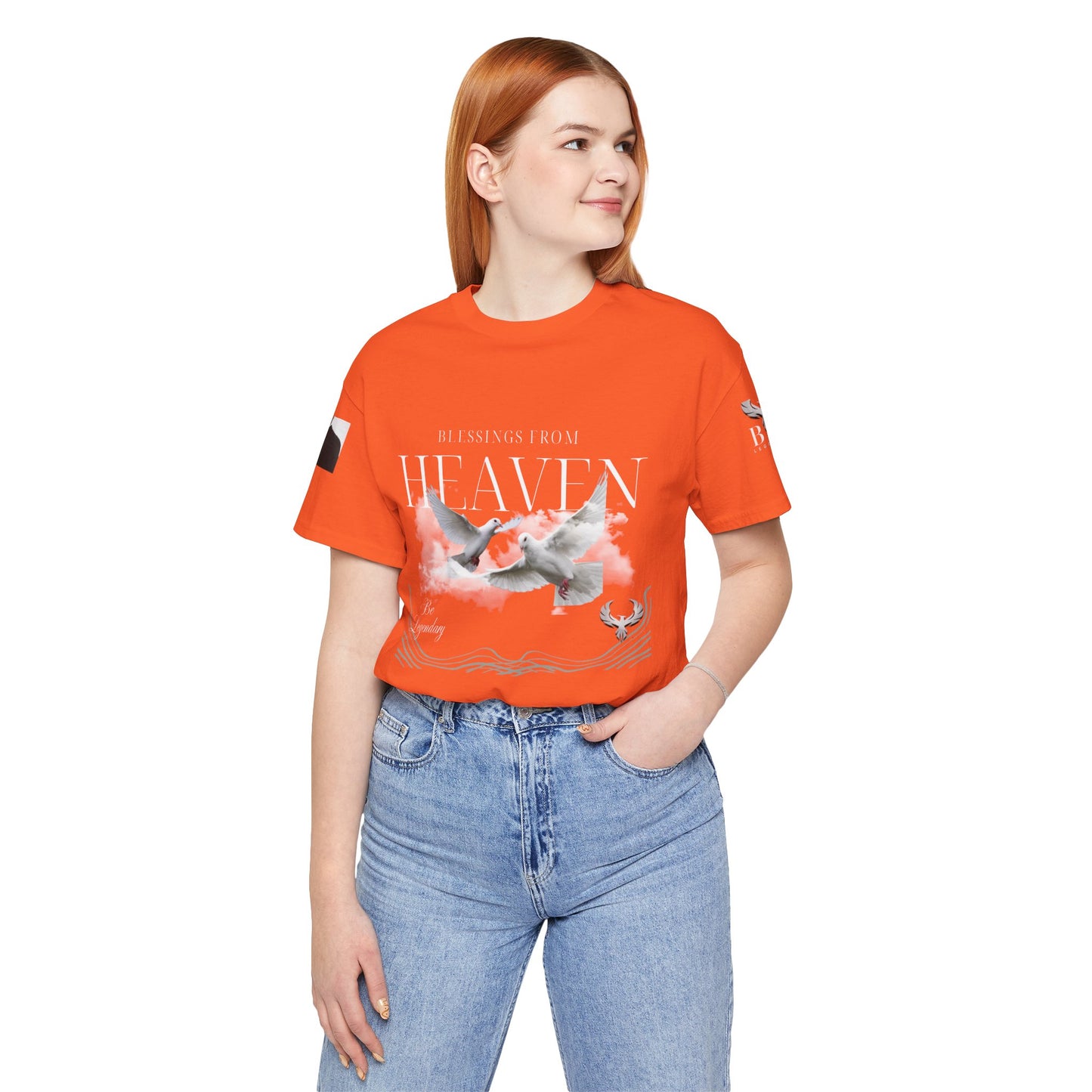 Be Legendary "Pearly Gates" Inspirational Unisex Tee: 'Blessings from Heaven' - Orange Short Sleeve Shirt
