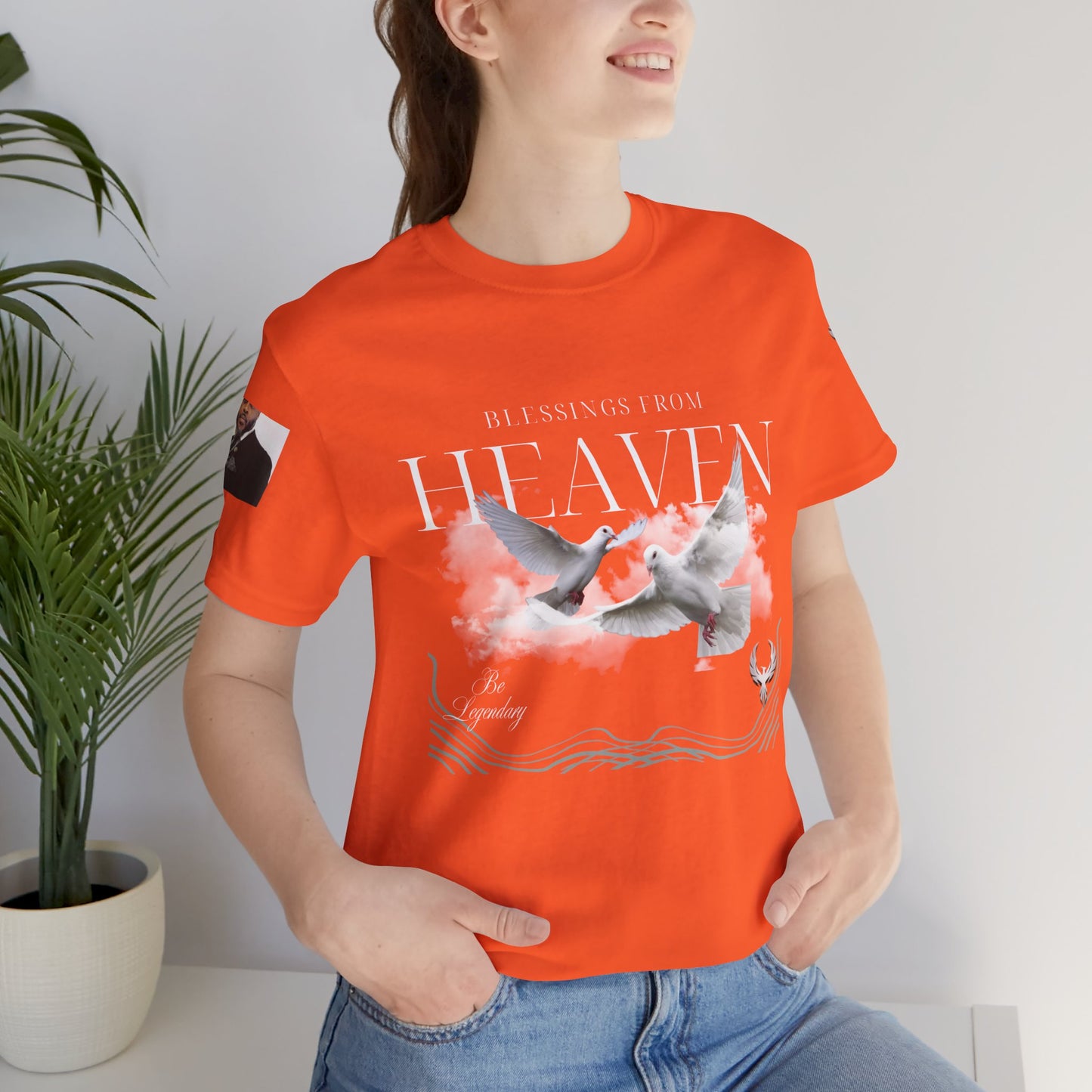 Be Legendary "Pearly Gates" Inspirational Unisex Tee: 'Blessings from Heaven' - Orange Short Sleeve Shirt