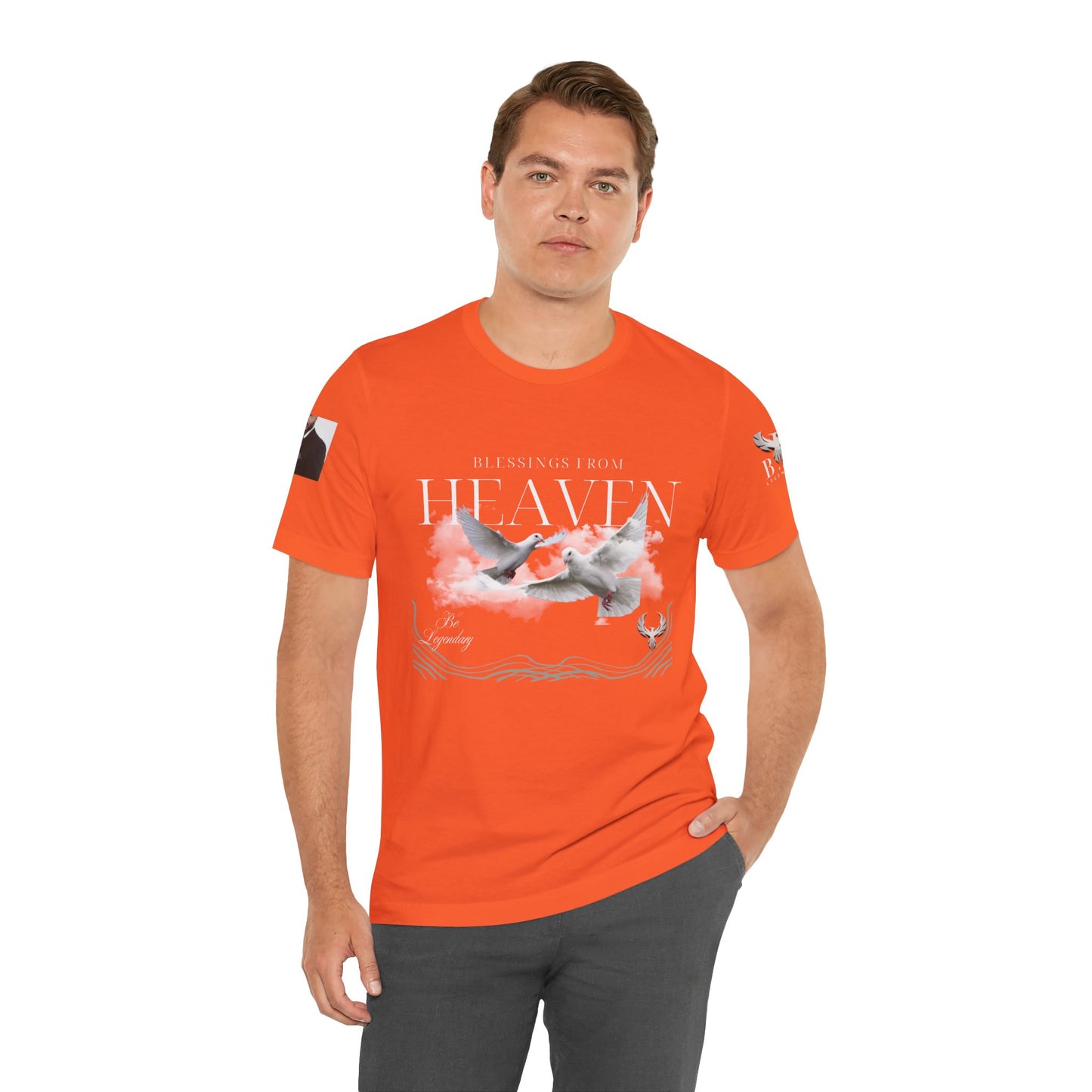 Be Legendary "Pearly Gates" Inspirational Unisex Tee: 'Blessings from Heaven' - Orange Short Sleeve Shirt