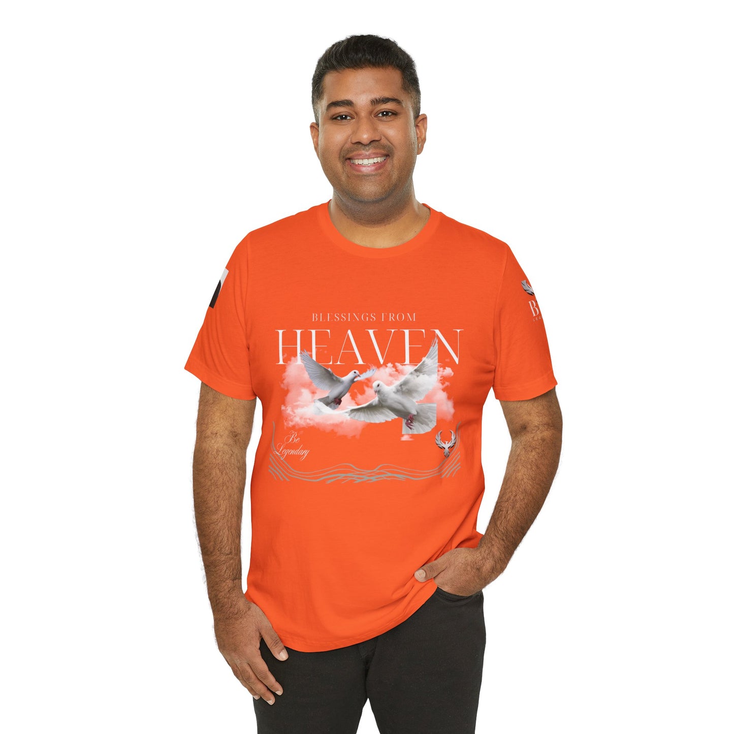 Be Legendary "Pearly Gates" Inspirational Unisex Tee: 'Blessings from Heaven' - Orange Short Sleeve Shirt