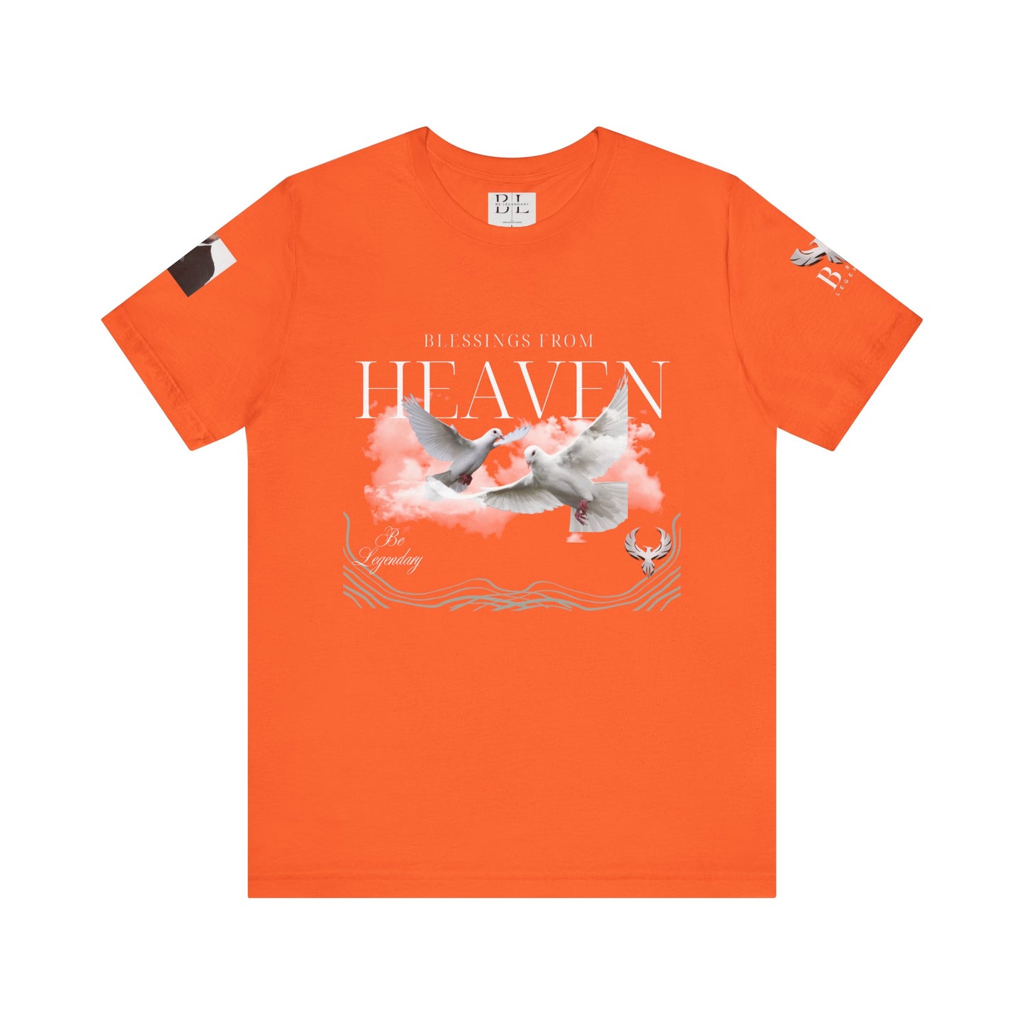 Be Legendary "Pearly Gates" Inspirational Unisex Tee: 'Blessings from Heaven' - Orange Short Sleeve Shirt