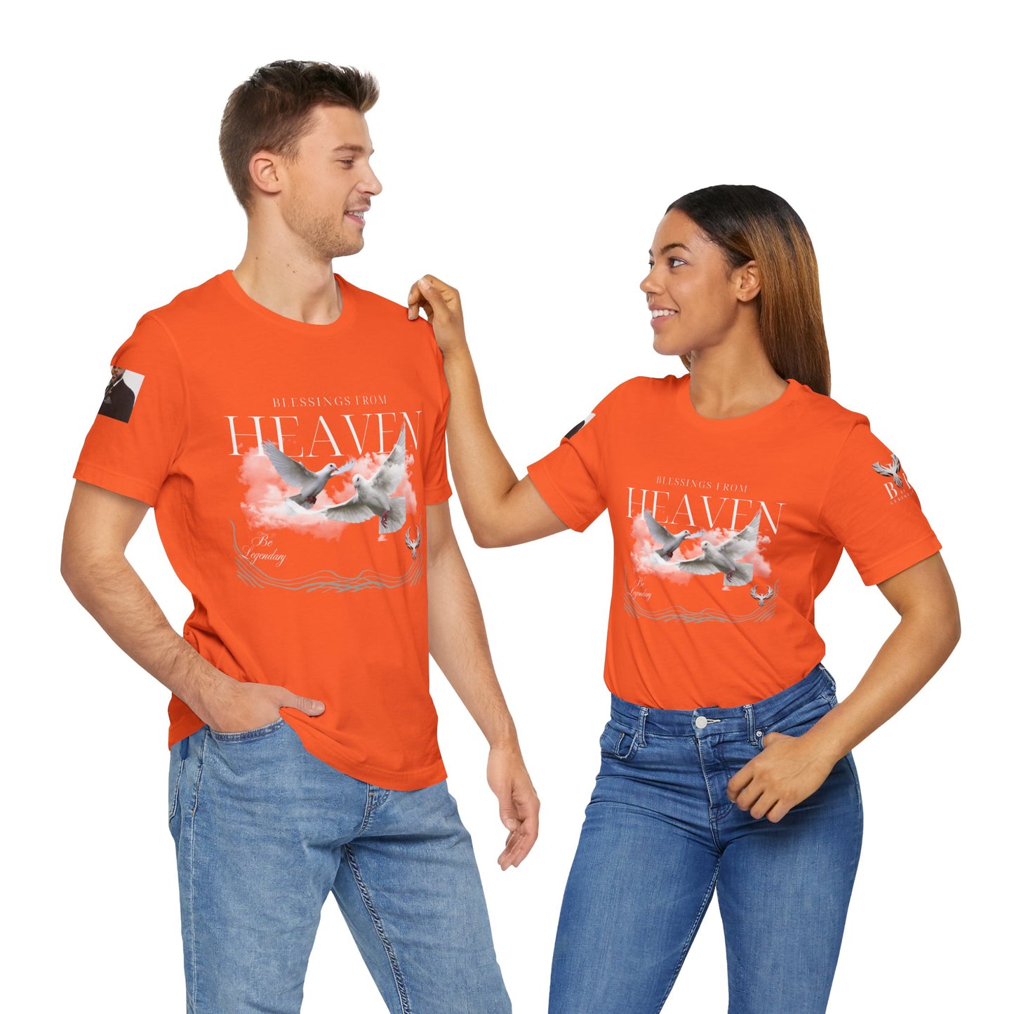 Be Legendary "Pearly Gates" Inspirational Unisex Tee: 'Blessings from Heaven' - Orange Short Sleeve Shirt