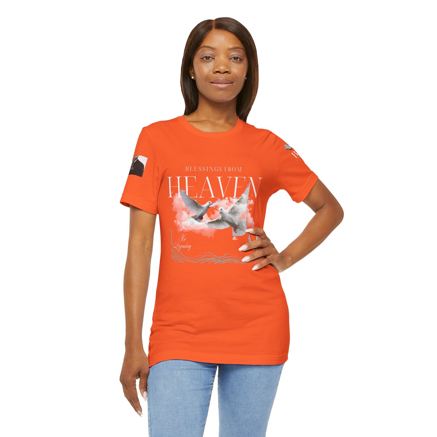 Be Legendary "Pearly Gates" Inspirational Unisex Tee: 'Blessings from Heaven' - Orange Short Sleeve Shirt